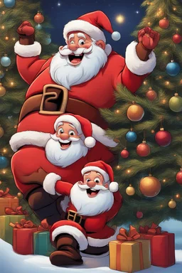 smilling santa claus next to christmas tree, disney and pixar style