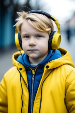 Fat Finnish boy in a yellow jacket with the edgar hairstyle and headphones on