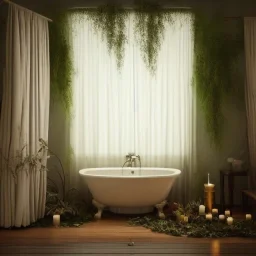 a gorgeous, stunning spa with gauzy curtains, ornate bath, dark wood floor, decorative foliage, plants, candles, flowers, tranquil, 8k resolution, high-quality, fine-detail, digital art, detailed matte, volumetric lighting, illustration, 3D octane render, brian froud, howard lyon, selina french, annie stokes, lisa parker, greg rutowski,