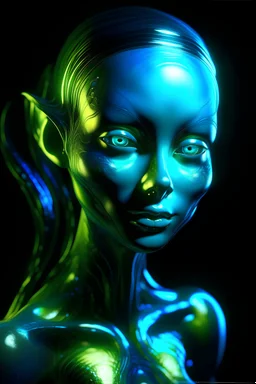 A Photograph with bioluminescent and bioluminous artistic style portrays a divine mermaid alien humanoid. A curvy model front facing with bioluminescent wet translucent irredescent skin etheral glowing eyes, large head fins and ear fins flowing showcases an alluring, perfect face in ultra-realistic detail. The composition imitates a cinematic movie, with dazzling, golden, and silver light effects. The intricate details, sharp focus, and crystal-clear skin create a highly detailed,