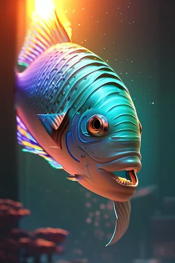 Rainbow Fish, beautiful, cyberpunk, realistic, intricate detail, sci-fi, volumetric lighting