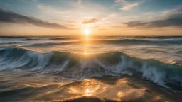 Sea of Endless waves with the sparkling reflection of the sun, golden hour, Canon RF 16mm f:2.8 STM Lens, hyperrealistic photography, style of unsplash and National Geographic