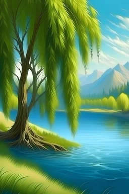 paisaje realista con sauces junto a un río torrentoso, con un fondo de montañas azules, con iluminación del sol
