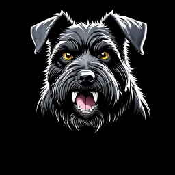 head of an angry scruffy black terrier on black background, yellow eyes, defined teeth, turned partially to the right, illustration