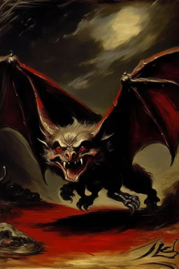 A dark red blood elemental vampire bat painted by Edouard Manet