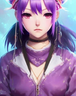 Detailed cute anime Kunoichi girl, purple hair buns, purple bangs, Christmas style colours, intricate details, full body portrait, keep head in frame, slight smile, black Japanese motif, concept art, highly detailed, digital painting, concept art, sharp focus, illustration, art by Yoji Shinkawa, WLOP and greg rutkowski and alphonse mucha and artgerm and yanjun Chen and Junji ito and Makoto Shinkai, HDR, octane render