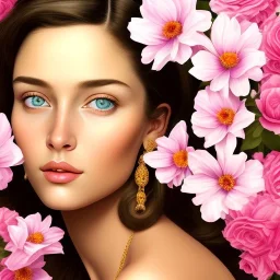  beautiful, holy and pretty very young european female face portrait, detailed eyes, hair with flowers, cosmic ambiance , 8k