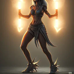 Alien,female,werewolf,athletic,muscular,spiky hair,holding two lighting bolts