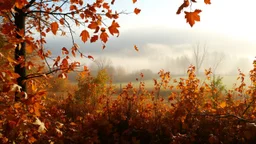 Autumn: falling leaves, Misty mornings, fog over distant fields or forests, sunshine; people wear scarves, woolly hats, gloves, steaming hot drinks; birds migrating, squirrels gathering nuts, rabbits, chestnuts, acorns, berries, rowan, holly, mistletoe, beautiful colours, atmospheric. Award winning photograph.