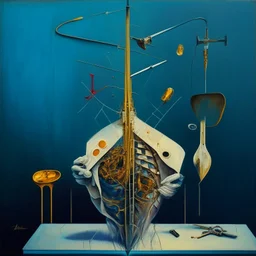 Abstract painting formed by a mix of human flesh-like surgical instruments and universe-like musical instruments,neuralink,minimalism,Painting By Adrian Ghenie, Rene Magritte, Salvador Dali, Lucian Freud