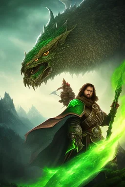 Powerful wizard using green magic, wearing dark cloak, fighting big stone monster, castle on mountains in background