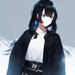 Clear focus, High resolution, black short fluffy hair, long locks, frowning, unamused, wearing a black coat and a white short skirt with black leggings on, wearing a white shirt, wearing a grey belt, looking confused, snow in the background, blue sparkling eyes, 1girl (solo)