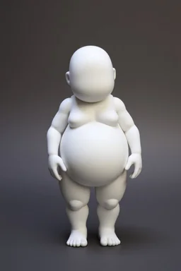 a standing fat figure (no neck, a flattened face area, stubby legs, bulky arms, no painted details, white in color) vinyl art toy