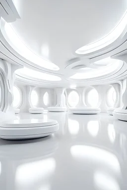 futuristic white room with large organic shaped beams and columns with organic shaped embellishments and details surrounding the empty room. the flooring is flat but has organic shaped details. the lighting is bright white and the atmosphere is sci-fi