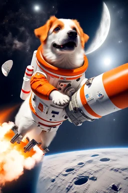 white and orange dog flies to the moon on top of the a rocket, writes "WE ARE GOING TO THE MOON!" on the rocket, in space, realistic, 4k, Cinematic,