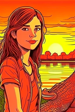 girl, brown hair, brown eyes, sunset, nature in the background with crocodile, handdrawn, river