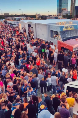 stadium sized crowd waiting in line for awesome looking food truck that has a bunch of bright paint and flashy lights