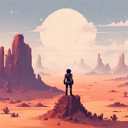 A pixel art adventurer stands at the edge of a vast desert, gazing up