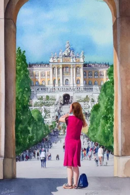 A woman in front of Schönbrunn, Vienna. Aquarell