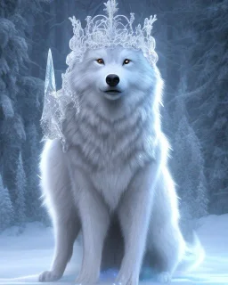 gorgeous goddess of ice and snow wearing a crystalline ice crown and standing next to a beautiful gray wolf, 8k resolution, centered, high-quality, fine-detail, iridescent, intricate, digital art, detailed matte, volumetric lighting, beautiful, illustration, 3D octane render, margaret weiss, brian froud, howard lyon, selina french, anna dittmann, annie stokes, lisa parker, greg rutowski,