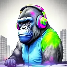 draw with color cool gorilla wearing head phones in it`s neck, wearing t-shirt up khalifa tower