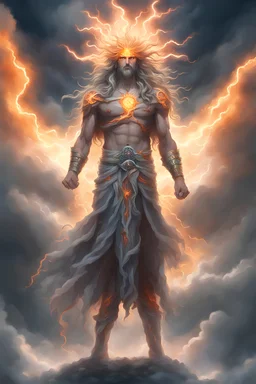 full body picture of a "god of the weather" who has long hair made of clouds. he also has glowing orange eyes that look like they're 2 suns. his body is made out of storm clouds with bits of lightning inside, his body also has glowing orange cracks all over it that look like they're made of the sun. he has greek god clothes on that are completely made of ice. his clothes also have an icy look to them as they shine in the sun