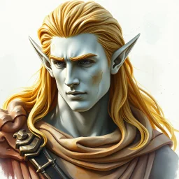 fantasy, dramatic portrait, marble statue of an elf male, marble skin, watercolour, golden hair, warrior, mighty, righteous