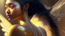 beautyfull asiatic woman, art by kiera malone , concept art modern photorealistic, in the style of , Artstation, sunlight, Unreal Engine sharp fine details trending on artstation reflections 4k ultra realistic post-processing A detailed illustration of a beautiful young female human with growing out of her back. Her skin, hair and face are all made of paint. Her wings are spread. Front view. Highly detailed flawless facial features and eyes. Abstract Oil painting splash art. White ba