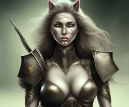 Sexy female warrior cat eyes full body battle field background