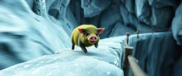 fast and clever little evil moss pig named on wild chase , in crystal cave ice bridge, motion blur, standing by the guard rails, fantasy 3d realm