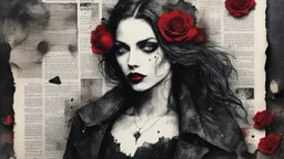 Vampire". Collage. Beautiful portrait in charcoal and ink. Mixed media. Newspaper clippings, photographs, love letters, roses. Magazine style. Raindrops. Dark. Detailed. Alcohol ink. Worn texture. Crisp focus. Inked outlines. Hints of bright colors. Authors: Katherine Welz-Stein and Sam Toft