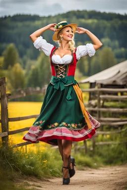 fullbody oktoberfest lady, outdoor folk dancer in countryside