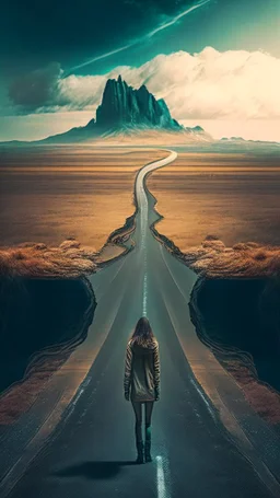 road with sci-fi landscape and woman looking down