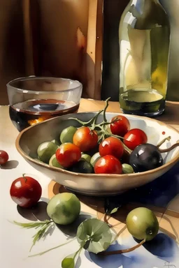 watercolor of food as temporary art, with olives in a bowl, olive oil, contry bread, 2 wine glasses and tomatoes