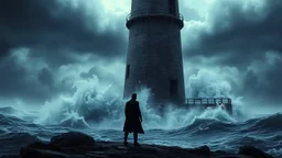 surreal collage, dark colors, Hiányzik a régi énem. A lone figure, silhouetted against a stormy, turbulent sea, stands at the base of a colossal, decaying lighthouse. Their form is indistinct, conveying a sense of internal struggle and isolation. The scene is rendered with extreme detail, focusing on the weathered stone of the lighthouse and the violent churn of the waves. The style is dark sci-fi concept art, with a gritty, desaturated color palette and dramatic, chiaroscuro lighting,