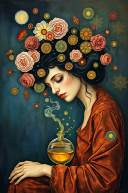 the emotional alchemist transmutes feeling into wisdom.; symbolic; Surrealistic art in the style of Gustav Klimt