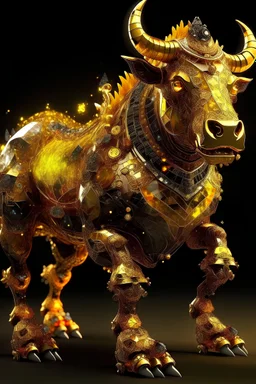 avatar of a bull run left facing, made of jeweled crystals, fierce faces, fire-colored eyes, yellow-brown skin color, wearing yellow armor, full body, quality tall, super realistic, super detailed, full body, armored legs, dramatic lighting, jewelry, fantasy, galaxy, transparent, leaving a trail of gold and diamond, shimmering, fancy, sparkling, Gorgeous, colorful
