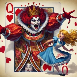 The Queen of Hearts, in a lavish red and gold gown with intricate patterns, a regal crown, and an angry expression, bursts dramatically from a playing card marked with a red 'Q' and hearts in each corner. Her form shifts from flat to 3D as she emerges, reaching menacingly toward a frightened Alice, who has blond hair flowing behind her as she flees in a blue dress with a white apron. The background blends card motifs with a whimsical, intense storybook atmosphere.