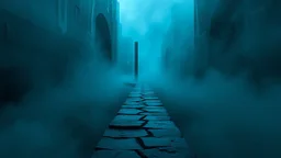 passage over nothingness, surreal, dark and cold abstract artwork dominated by deep blue, icy cyan, charcoal black and muted steel-grey tones. An narrow passageway emerges from an abstract distorted weird landscape, surrounded by thick fog and drifting mist. The space feels nightmare, alien and unsettling, with tiny floating circles and lines geometric forms, black onix column fragmented and unnatural perspectives. At the center of the composition cracked stone way over abyss