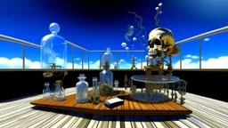 The image features a surreal scene with a wooden deck under a blue sky. It includes several glass containers: one contains a skeleton, another appears to have an unknown object, and there are also devices resembling electrical plugs. The setup has a mix of organic and mechanical elements, creating an intriguing, futuristic atmosphere.