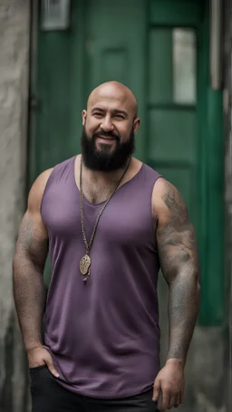 full figure photography of dirty smiling marocan burly muscular chubby strong man 38 years old with long raided beard, shaved hair, tattoo, photorealistic ,dressed with a purple torn and broken t-shirt, side light, outdoor in a dirty street