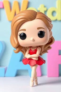 Funko figure of a very young female, smiling, long wavy light brown hair, wearing a ballerina dress, red dress, ballet, very cute, ballet pose,.very colorful background typography, 3D render.