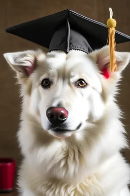 A proud white wolf wearing a graduation cap