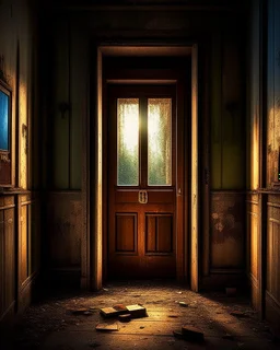 An ancient, weathered door stands in an abandoned house, shrouded in deep, engulfing darkness. The walls are rough and covered in moss and dust, with wooden beams crumbling and floors uneven. The faint light coming from a small particle of the philosopher's stone, placed mysteriously near the door, emits a warm, surreal glow, contrasting with the surrounding darkness. The stone’s light weakly illuminates the nearby area, casting long, eerie shadows. The atmosphere is thick with mystery and tensi
