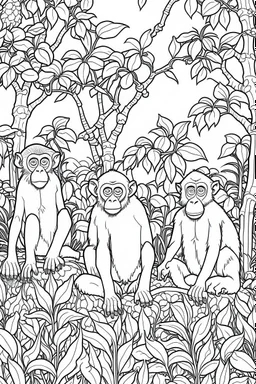 Outline art, no shading, monkeys full body in the garden, cartoon style, black and white, low detail, --ar 9:11