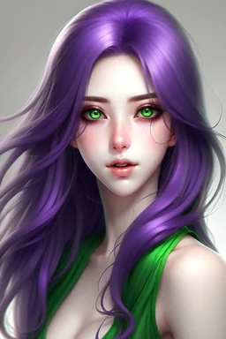 beautiful woman with green eyes and long purple hair anime realistic