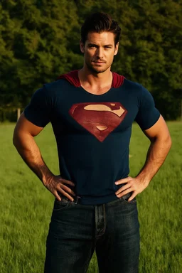 Full-length image, head to toe, create a photorealistic portrait of an extremely muscular Tom Welling Superman as an old man, with (dyed black hair:1.3), and gray temples and sideburns, standing outside the Kent Farmhouse in a green field with his hands on his hips, in the late afternoon, with natural sunlight casting warm golden light across his face revealing every wrinkle and the texture of his skin, sharp focus on his eyes showing depth, moisture, reflections, with a soft bokeh background