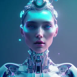 A portrait of a crystalised robotic women, atmospheric, realistic, unreal engine, cinematic lighting, octane render, transoarent, pink turquoise light