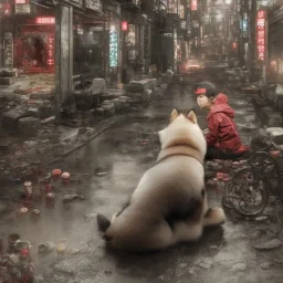 just a distant japanese boy with akita dog, photo from behind, black hair, sitting on floor, akira red jacket with pill in the back, tokyo post apocalyptic, rain, extremely detailed, extremely realistic