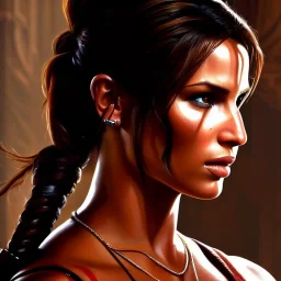 portrait of beautiful Lara Croft Tomb Raider painting by Brom , oil on canvas, cinematic composition, extreme detail,fit full head inside picture,8k